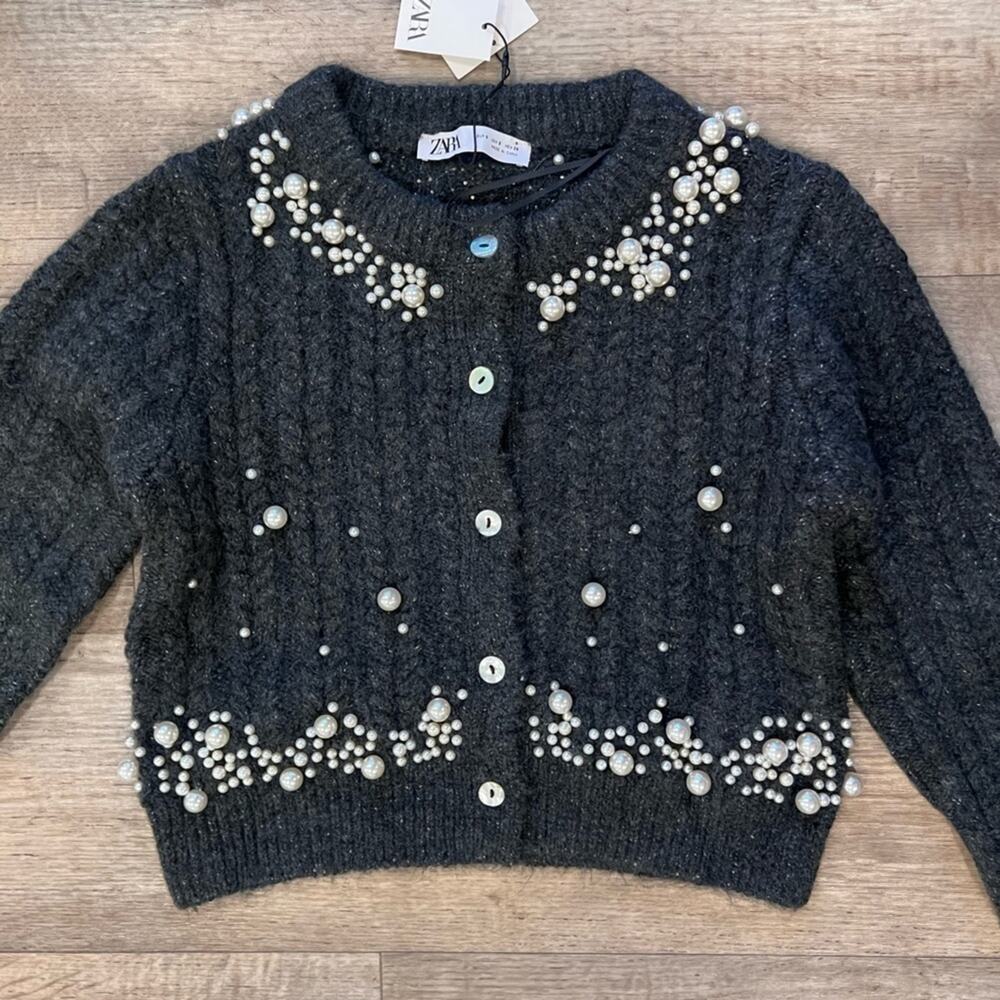 Zara NWT Gray Pearl Embellished Wool Blend Cardigan L - Picture 15 of 16